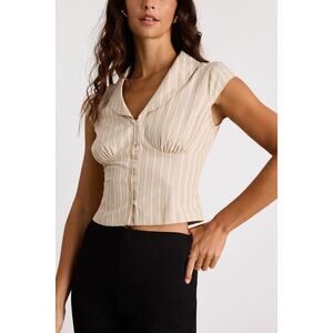 Lulus Alexis Beige Striped Collared Button-up Top - Size M NWT